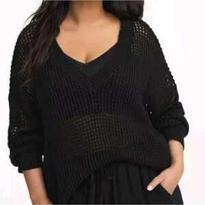 Torrid black open stitch long sleeve v-neck pullover sweater mesh 1X NWT